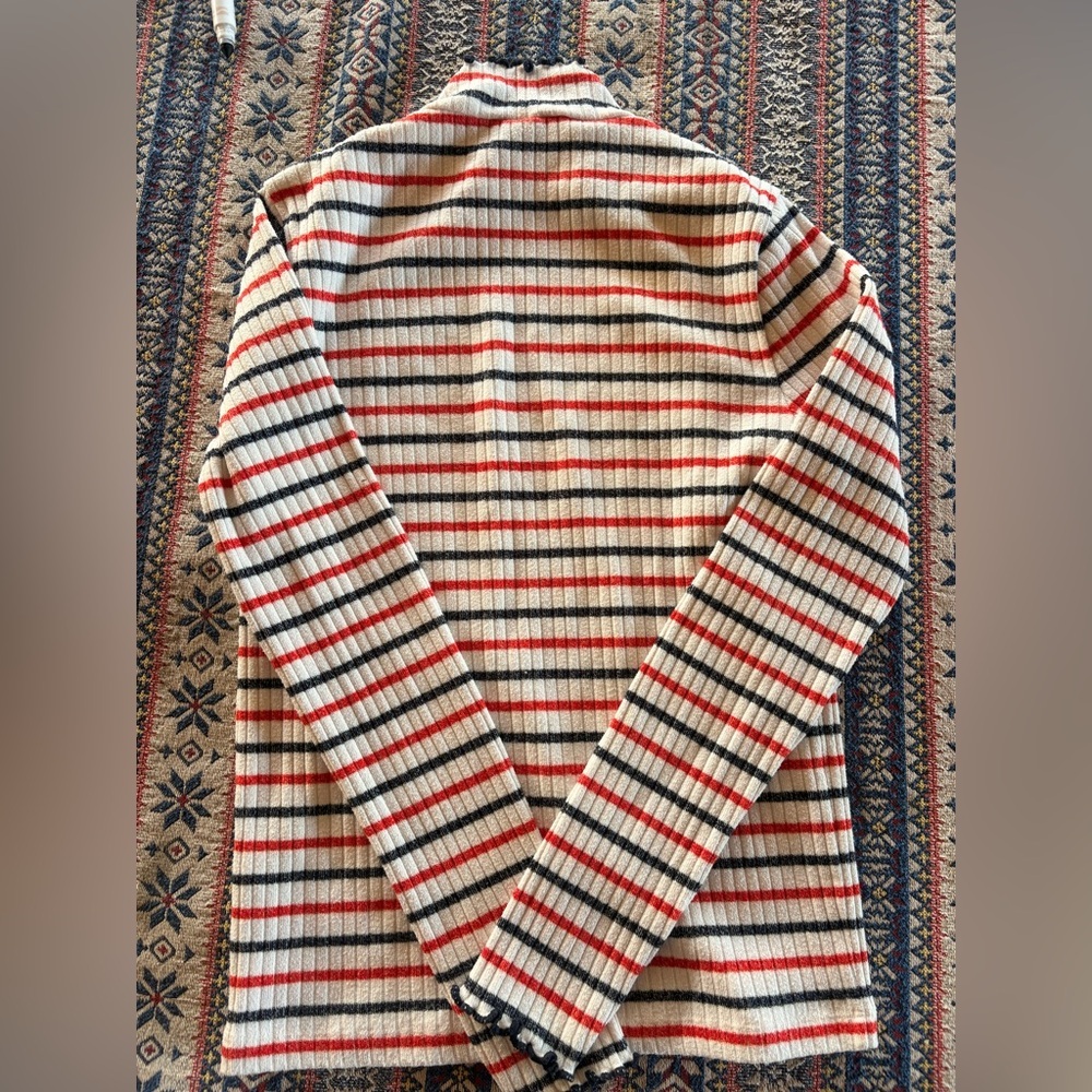J. Crew Red Navy White Striped Ruffle Ribbed Mock Neck Long Sleeve Turtleneck - Picture 4 of 4